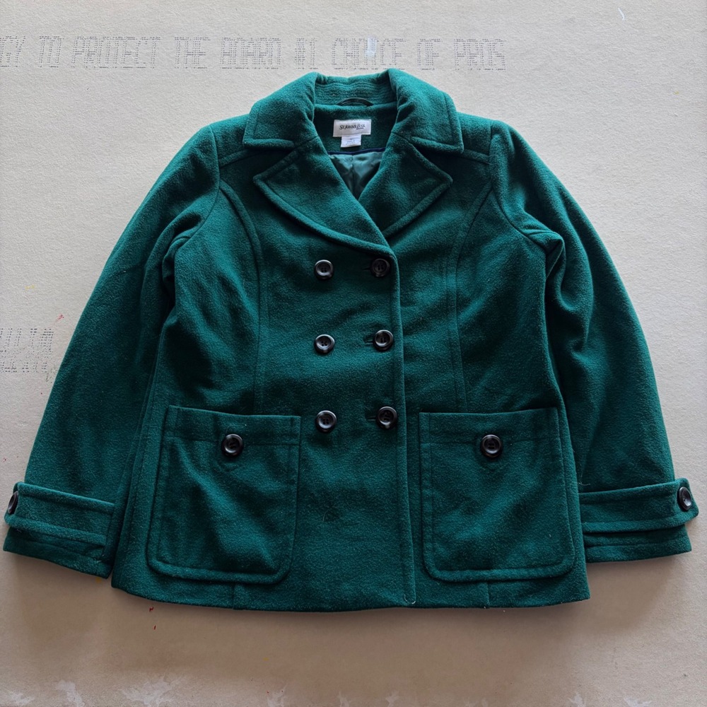 Vintage Green Pea Coat Jacket Green Wool Blend